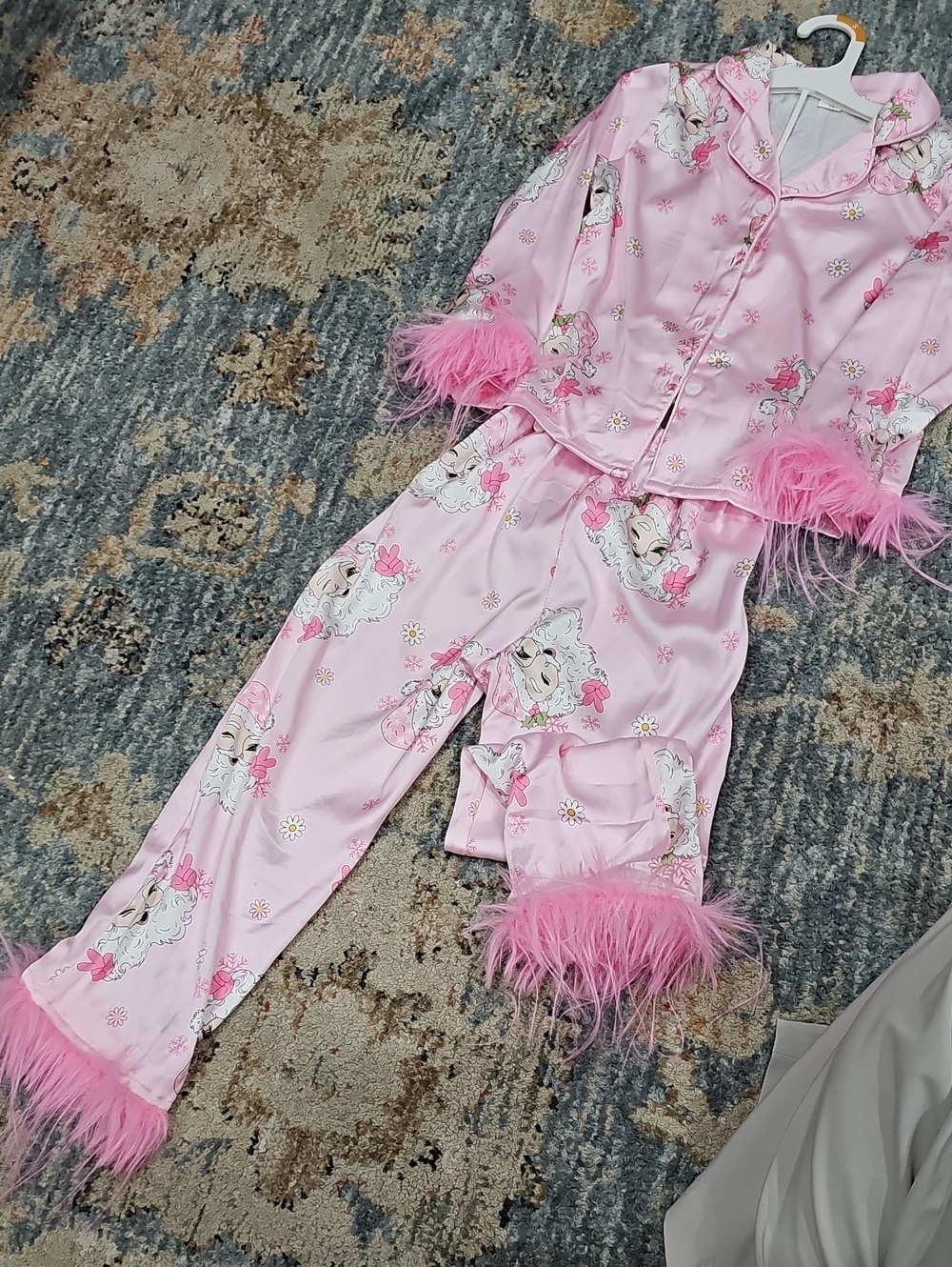 Girls Pink Unicorn Satin Pajama Set with Feather Trim Details